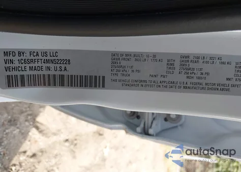 2021 Ram 1500 Big Horn 4X4 5'7 Box from USA, damaged, VIN 1C6SRFFT4MN522228